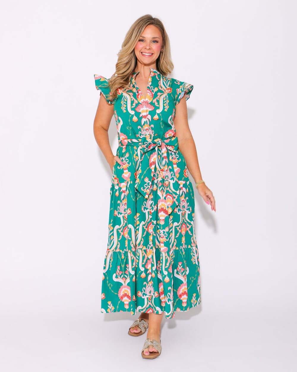 Jude Connally Mirabella Tapestry Floral Jade Green Cotton Voile Maxi Dress XS